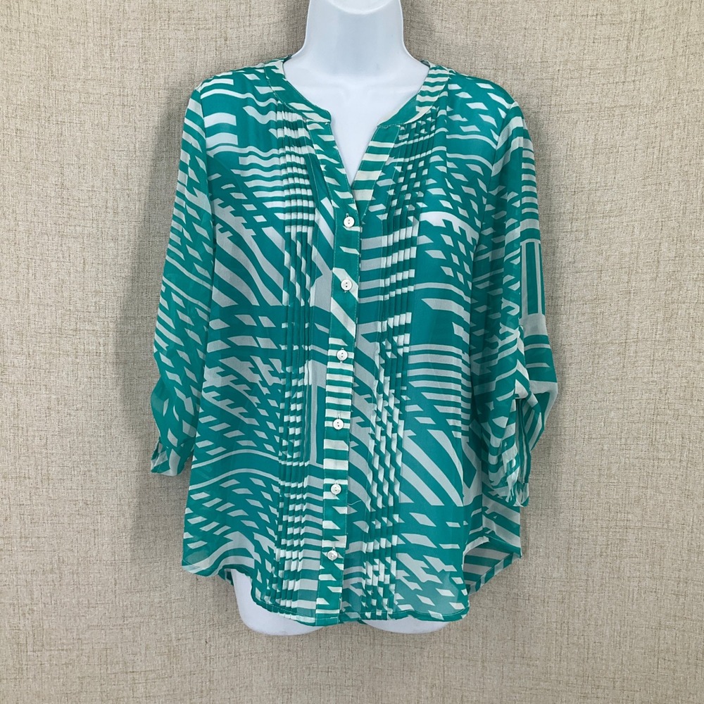 Chico's Blouse Womens S Teal White Sheer Geometric Pleated Button Front Roll Tab